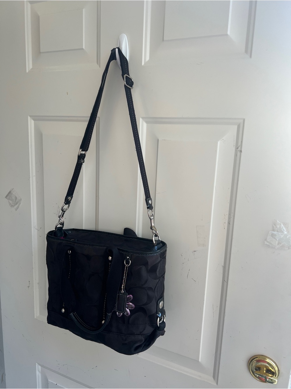 Coach Black Signature Tote with Purple Flower Charm - Picture 4 of 16